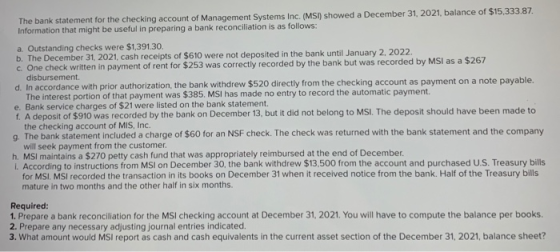The bank statement for the checking account of Management Systems Inc. (MSI) showed a December 31, 2021, balance of $15,333.8