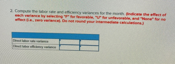 2. Compute the labor rate and efficiency variances for the month. (Indicate the effect of each variance by selecting F for