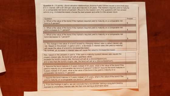 Question 5: (15 points). (Bond valuation relationships) Arizona Public Utilities issued a bond that pays $70 in interest, with a $1,000 par value and matures in 25 years. The markers required yield to maturity on a comparable-risk bond is 8 percent. (Round to the nearest cent.) For questions with two answer options (e.g. increase/decrease) choose the best answer and write it in the answer block. Question a. What is the value of the bond if the markers required yield to maturity on a comparable-risk bond is 8 percent? Answer b. What is the value of the bond if the markers required yield to maturity on a comparable-risk bond increases to 11 percent? C. What is the value of the bond if the markets required yield to maturity on a comparable-risk bond decreases to 7 percent? d. The change in the value of a bond caused by changing interest rates is called interest-rate risk. Based on the answer. in parts b and c, a decrease in interest rates (the yield to maturity) will cause the value of a bond to (increase/decrease By contrast, an increase in interest rates will cause the value to (increase/decrease) Also, based on the answers in part b, if the yield to maturity (current interest rate) equals the coupon interest rate, the bond will sell at (parface value) exceeds the bonds coupon rate, the bond will sell at a (discount/premium) and is less than the bonds coupon rate, the bond will sell at a (discount/premium) e. Assume the bond matures in 5 years instead of 25 years, what is the value of the bond if the yield to maturity on a comparable-risk bond is 8 percent? $ 960.07 Assume the bond matures in 5 years instead of 25 years, what is the value of the bond if the yield to maturity on a comparable-risk bond is 11 percent? f. Assume the bond matures in 5 years instead of 25 years, what is the value of the bond if the ield to maturity on a comparable-risk bond is 7 percent? From the findings in part e, we can conclude that a bondholder owning a long-term bond is exposed to (more/less) interest-rate risk than one owning a short-term bond.