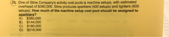 28. One of Stine Companys activity cost pools is machine setups, with estimated overhead of $360,000. Stine produces sparkle