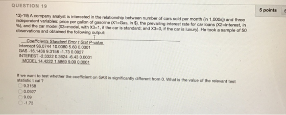 5 points QUESTION 19 13)-19) A company analyst is interested in the relationship between number of cars sold per month (in 1.