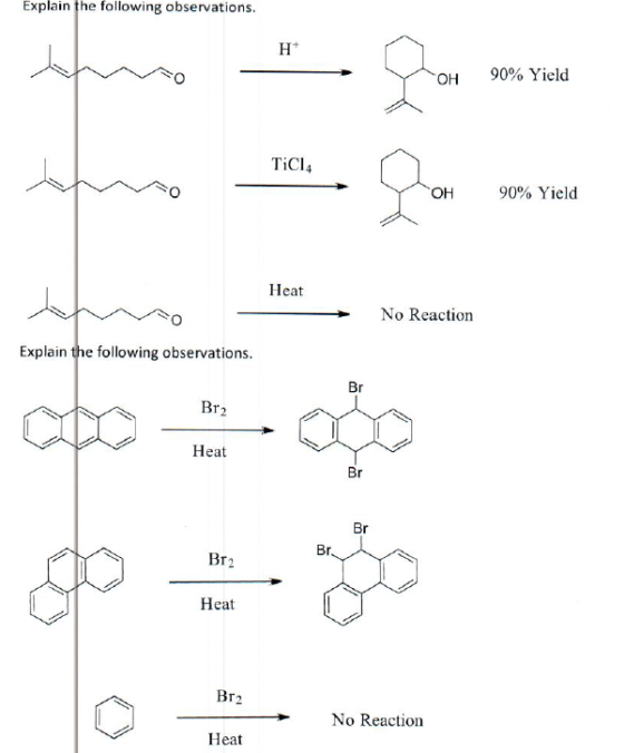 Explain the following observations. Ht OH 90% Yield TiCl4 ОН. 90% Yield Heat No Reaction Explain the following observations.