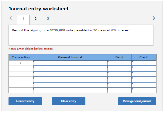 Journal entry worksheet < 1 2 3 Record the signing of a $230,000 note payable for 90 days at 5% interest. Note: Enter debits