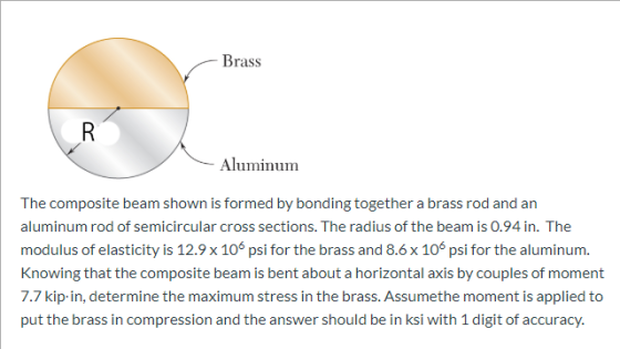 Brass R Aluminum The composite beam shown is formed by bonding together a brass rod and an aluminum rod of semicircular cross