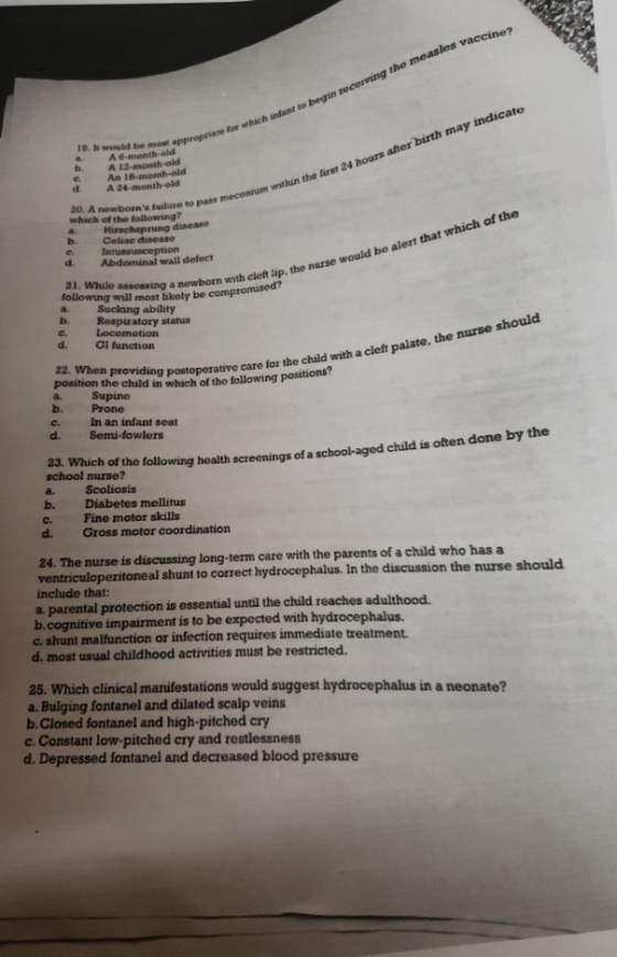 Priate for which intant to begin receiving the measles vaccines d 10. would be most app A month-old A 12-month-old An 18-mont
