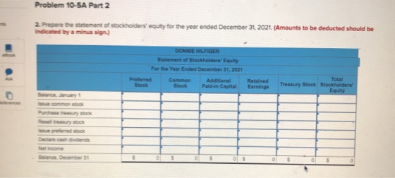 Problem 10-5A Part 2 2. Prepare the statement of stockholders equity for the year ended December 31, 2021. (Amounts to be de