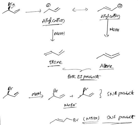 * ر ا / Allylcation Allylcation MOH Imeon سر Drene Allene Goth E1 pmud & meet to 3 sNa protects TI Morfer - Br (minor) SNl pr