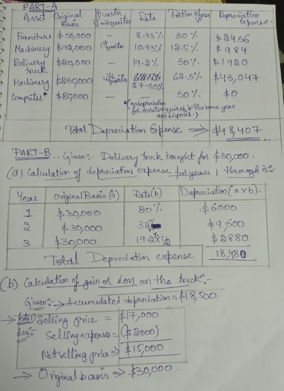 ponse. PART 4 Asset original Quarter Rate 1 Portion of year Depreciation | Basis Imidquarter & Furniture $55,000 - 8.93% so