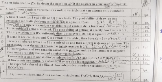 True or false section (W rite down the question AND the auswer in your ansver booklet: . A continuous random variable is a raudom variable that can assume only countable ( X values b. A basket contains 5 red balls and 8 black balls. The probability of drawing two successive red balls iithout repfacement) is equal to 25 c. The CDE of a discrete random variables could contain delta lun d. Th ctions ree unbiased coins are tossed. The probability of getting at exactly two heads is 3/8pt. e. The expectation of a RV uniformly distributed over (-10, +4) is equal to f. If a and b are constants and X is a random variable, then Var(aX +b )aVar (X)+ pt. Tickets numbered from 2 to 11 are mixed up and then a ticket is drawn.at random. The probability that the ticket drawn has prime number is 2/11 If the covariance of two random variables is pos then most probably the secoud number will be positive itive and the first number is negative i Ti are saidi tober independent.if P(A and B) P(A)-P(İ)-PIA.B)_h. eveuts are mutually exclusives they are also independent. de If two The expected value of the sum of two independent random variables is EXHV) If a, b are constants and X is a randonm variable and y-aXtb, then f,) Dt.