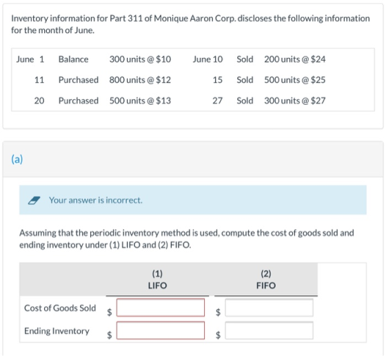 Inventory information for Part 311 of Monique Aaron Corp. discloses the following information for the month of June. June 1 B
