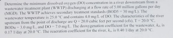 Determine the minimum dissolved oxygen (DO) concentration in a river downstream from a wastewater treatment plant (WWTP) disc