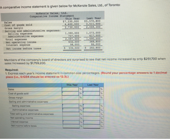 A comparative Income statement is glven below for McKenzle Sales, Ltd., of Toronto: McKenzie Sales, Ltd. Comparative Income S