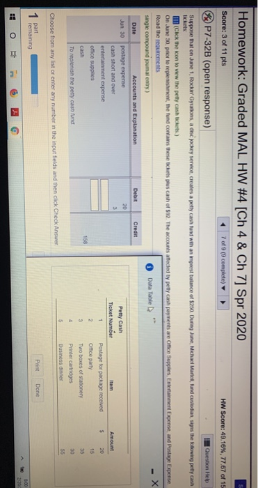 Homework: Graded MAL HW #4 [Ch 4 & Ch 7] Spr 2020 Score: 3 of 11 pts 7 of 9 (9 complete) HW Score: 49.16%, 77.67 of 15 P7-32B