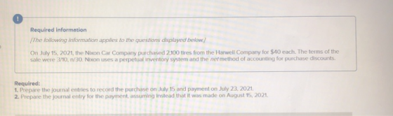 Required information The following information applies to the questions displayed below.] On July 15, 2021, the Nixon Car Com