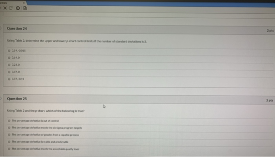 XCIO Question 24 Using Table 2. determine the upper and lower p-chart control is the number of standard deviations is 0.19 0.