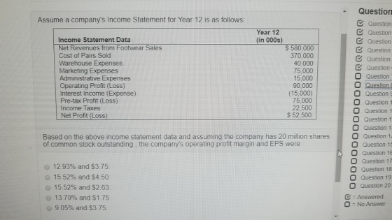 Question Assume a companys Income Statement for Year 12 is as follows: Question Year 12 (in 000s) Question Income Statement