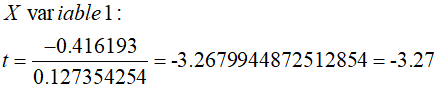 X var iable1: -0.416193 t=- -= -3.2679944872512854 = -3.27 0.127354254