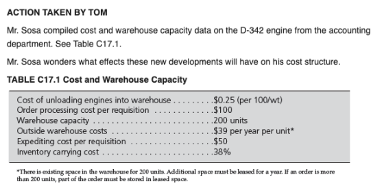 ACTION TAKEN BY TOM Mr. Sosa compiled cost and warehouse capacity data on the D-342 engine from the accounting department. Se