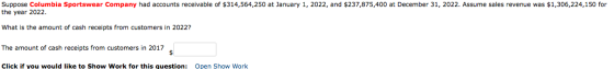 Suppose Columbia Sportswear Company had accounts receivable of $314,564,250 at January 1, 2022, and $237,875,400 at December