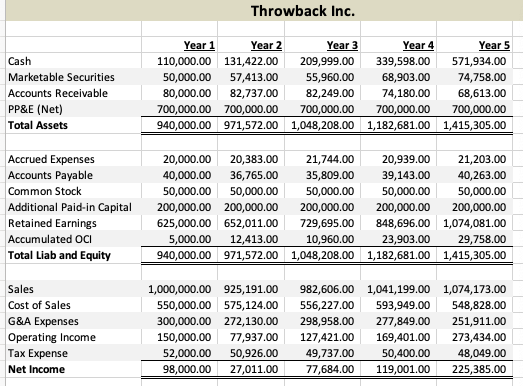 Throwback Inc. Cash Marketable Securities Accounts Receivable PP&E (Net) Total Assets Year 1 110,000.00 50,000.00 80,000.00 7