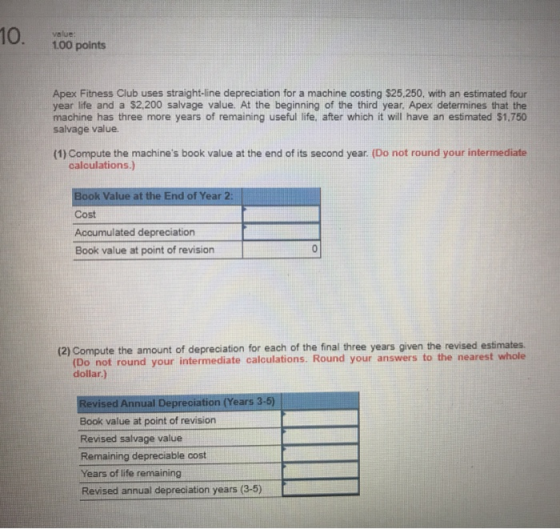 Value 1.00 points Apex Fitness Club uses straight-line depreciation for a machine costing $25,250, with an estimated four yea