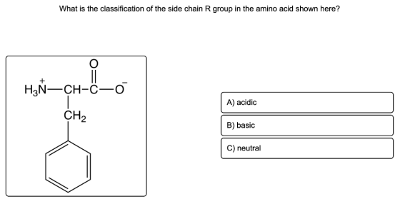 What is the classification of the side chain R group in the amino acid shown here? + ཡ་ས་ཡ H2N-CH-C-0 A) acidic CH2 B) basic