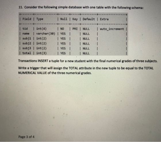 11. Consider the following simple database with one table with the following schema: Field | Type Null key | Default | Extra