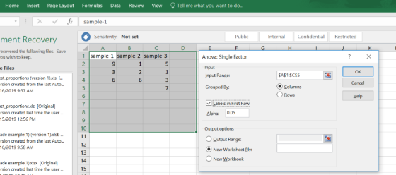 Home Insert Page Layout Formulas Data Review View Tell me what you want to do... X V for sample-1 Public ment Recovery Intern