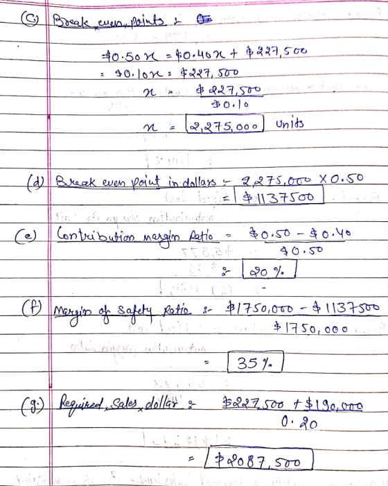 - Break cues points e os 80.5o4 = 40.400t 8227,500 = 90. lone & $227,500 an & Q27,500 $0.10 n 6,275,000 units - ( d Break eve