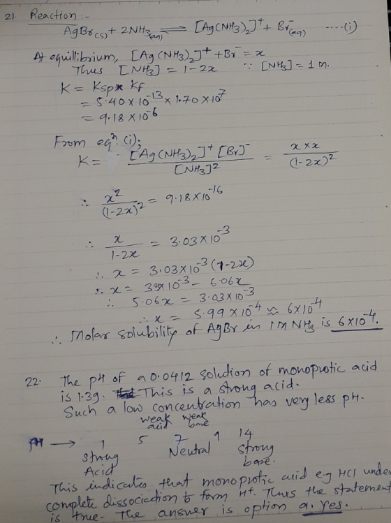 21 Reaction - AgBocs+ 2NH3a, [Ag CN13),]++ Bian ...) At equillibrium, [Ag (NH3) + +Br = x Thus [NHBJ = 1-22 . [Ntb] = 1 m. K=