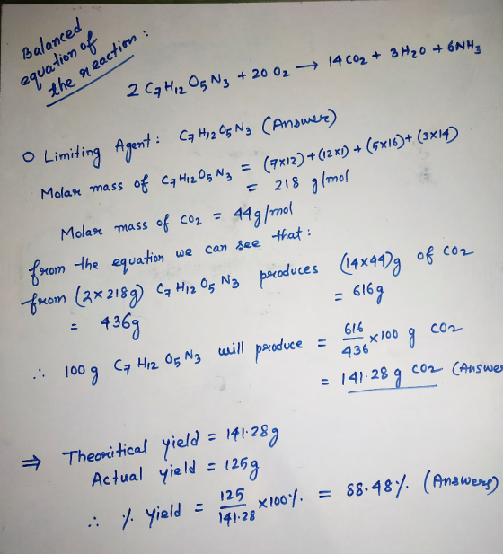 Balanced equation of the reaction : 2 C9 HizOg Ng + 20 02 -> 14CO2 + 3H20 + 6NH, o Limiting Agent: Ca H₂2 OG N3 (Answer) Mola