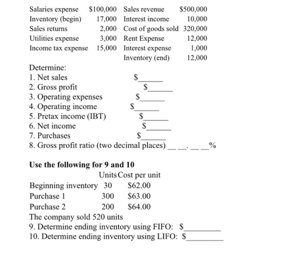 Salaries expense $100,000 Sales revenue $500,000 Inventory (begin) 17,000 Interest income 10,000 Sales returns 2,000 Cost of
