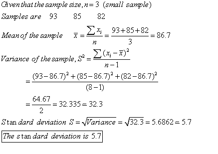 Given that the sample size,n=3 (small sample) Samples are 93 85 82 Xx: _93+85+82 Mean of the sample = = 86.7 3 Variance of th