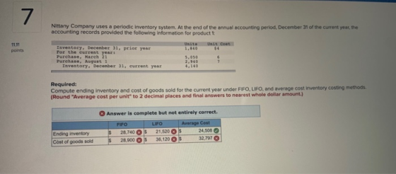 7 Nittany Company uses a periodic inventory system. At the end of the annual accounting period, December 31 of the current ye