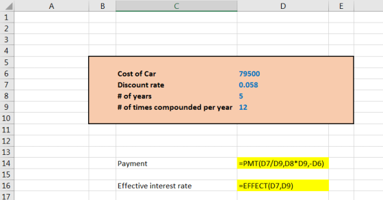 B nm + Cost of Car 79500 Discount rate 0.058 # of years # of times compounded per year 12 2 14 Payment =PMT(D7/D9,08*D9,-D6)