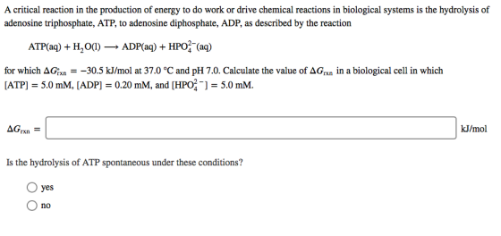 A critical reaction in the production of energy to do work or drive chemical reactions in biological systems is the hydrolysi