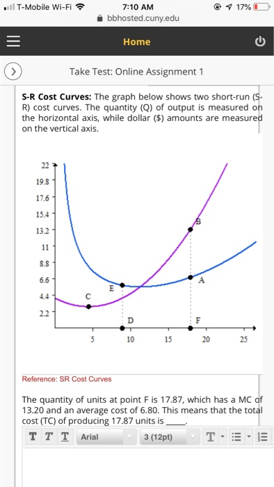 T-Mobile Wi-Fi 7:10 AM a bbhosted.cuny.edu Home Take Test: Online Assignment 1 S-R Cost Curves: The graph below shows two sho