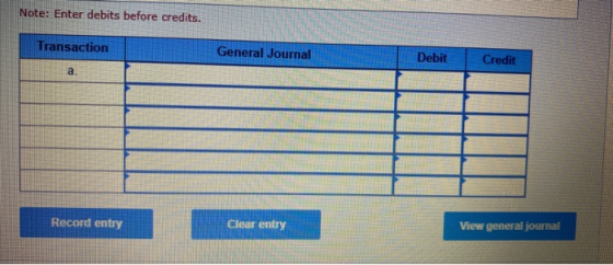Note: Enter debits before credits. Transaction General Journal Debit Credit а Record entry Clear entry View general journal