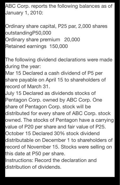 ABC Corp. reports the following balances as of January 1, 2010: Ordinary share capital, P25 par, 2,000 shares outstandingP50,