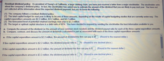 Residual dividend policy As president of Youngs of California, a large clothing chain, you have just received a letter from