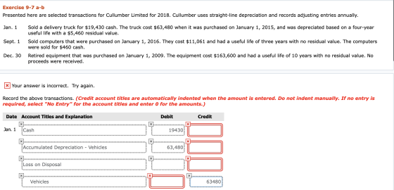 Exercise 9-7 a-b Presented here are selected transactions for Cullumber Limited for 2018. Cullumber uses straight-line deprec