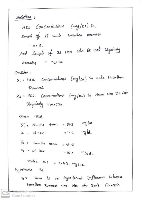 solution : HDL Con Centrations (mg /ou) im, Sample of 19 male Marathon runners ima 19 And Sample of 32 Men who do not Regular