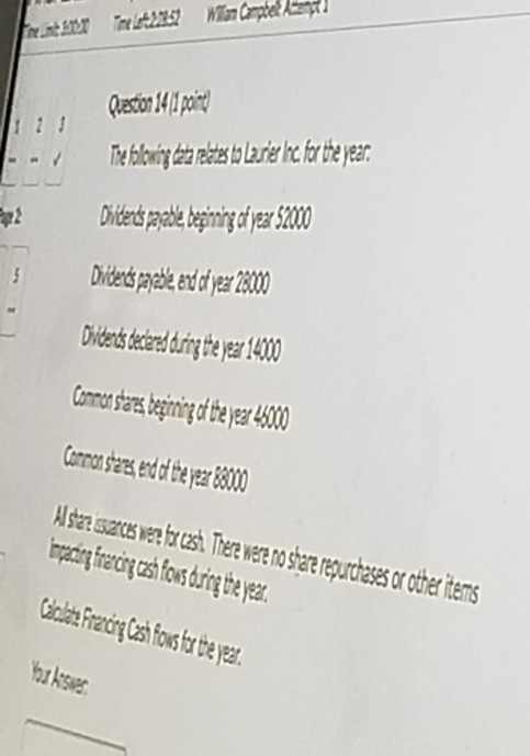 Question 1411 point The following data relates to Lartes le for the year. Ditends payable beginning of yea 52000 5 Dildes par