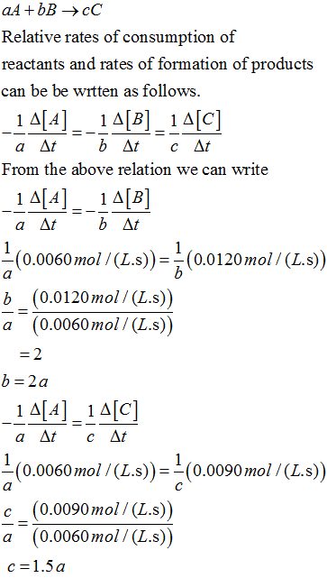 aA +bBC Relative rates of consumption of reactants and rates of formation of products can be be witten as follows. 1 Δ[4] 1 Δ
