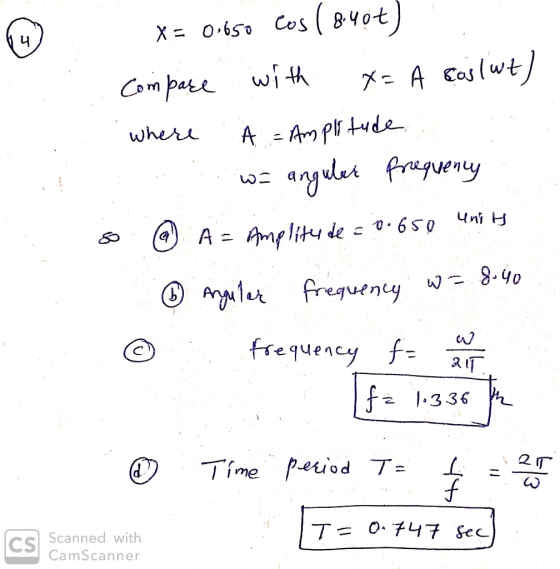 Uni H x= 0.650 cos ( 8.40€) Compare with x= A cos (wt) . Where A = Amplitude we angular prequency so @ A = Amplitude = 0.658