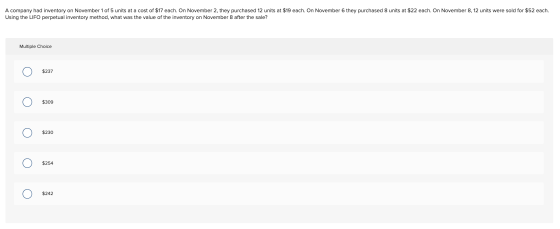 A company had inventory on November 1 of 5 units at a cost of $17 each. On November 2, they purchased 12 units at $19 each. O