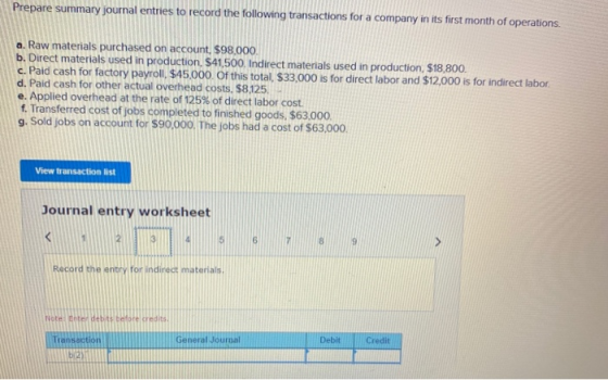 Prepare summary journal entries to record the following transactions for a company in its first month of operations. a. Raw m