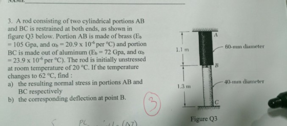 3. A rod consisting of two cylindrical portions AB and BC is restrained at both ends, as shown in figure Q3 below. Portion AB is made of brass (E 105 Gpa, and ь-20.9 x 10-6 per °C) and portion BC is made out of aluminum (Eb 72 Gpa, and otb 23.9 x 106 per °C). The rod is initially unstressed at room temperature of 20 °C. If the temperature changes to 62 °C, find: a) the resulting normal stress in portions AB and 1.1 m 60-min diameter 40-mm diameter 1.3 n BC respectively b) the corresponding deflection at point B. Figure Q3