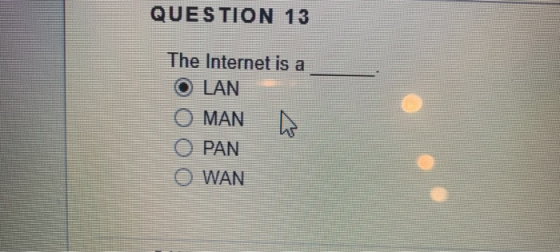 QUESTION 13 The Internet is a O LAN O MAN O PAN O WAN