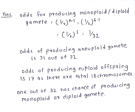 9ns odds producing monoploid/ diplold 32 odds of Paoducing aneuploid gamete is 31 out of 32. odds of producing eoploid offspaing is 17 as the ea e total 18ch o m os o mes one out of 32 has chance of PTOdudng monoploid ογ diploid gamete